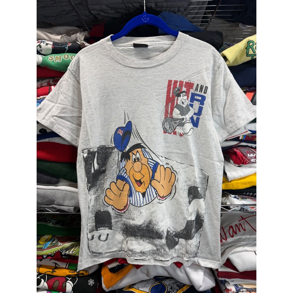 Vintage 1991 Flintstones Hit and Run Baseball T-Shirt Gray Mens Medium Changes